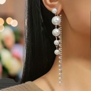 Faux Pearl Shiny Rhinestone Chain Tassel Design Dangle Earrings‎ Elegant